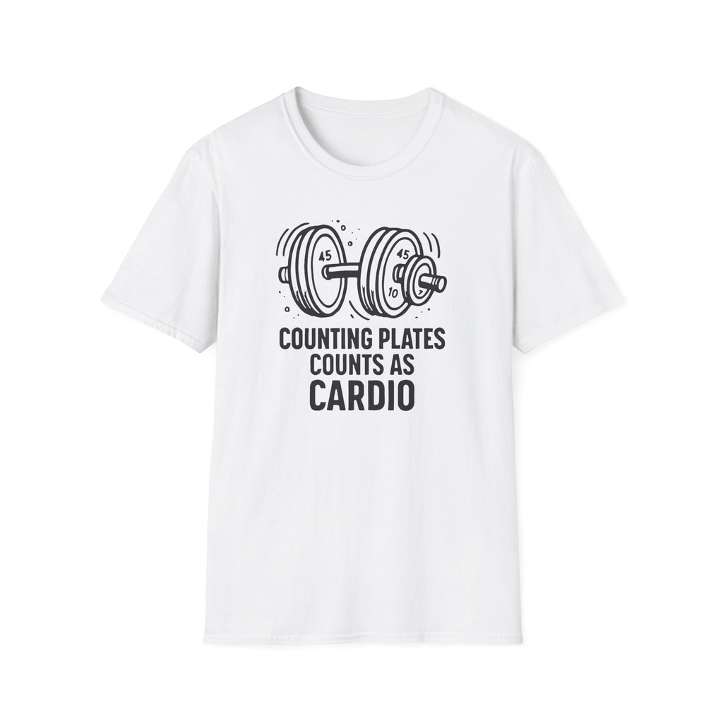 Counting Plates Counts as Cardio – Barbell Humor T-Shirt