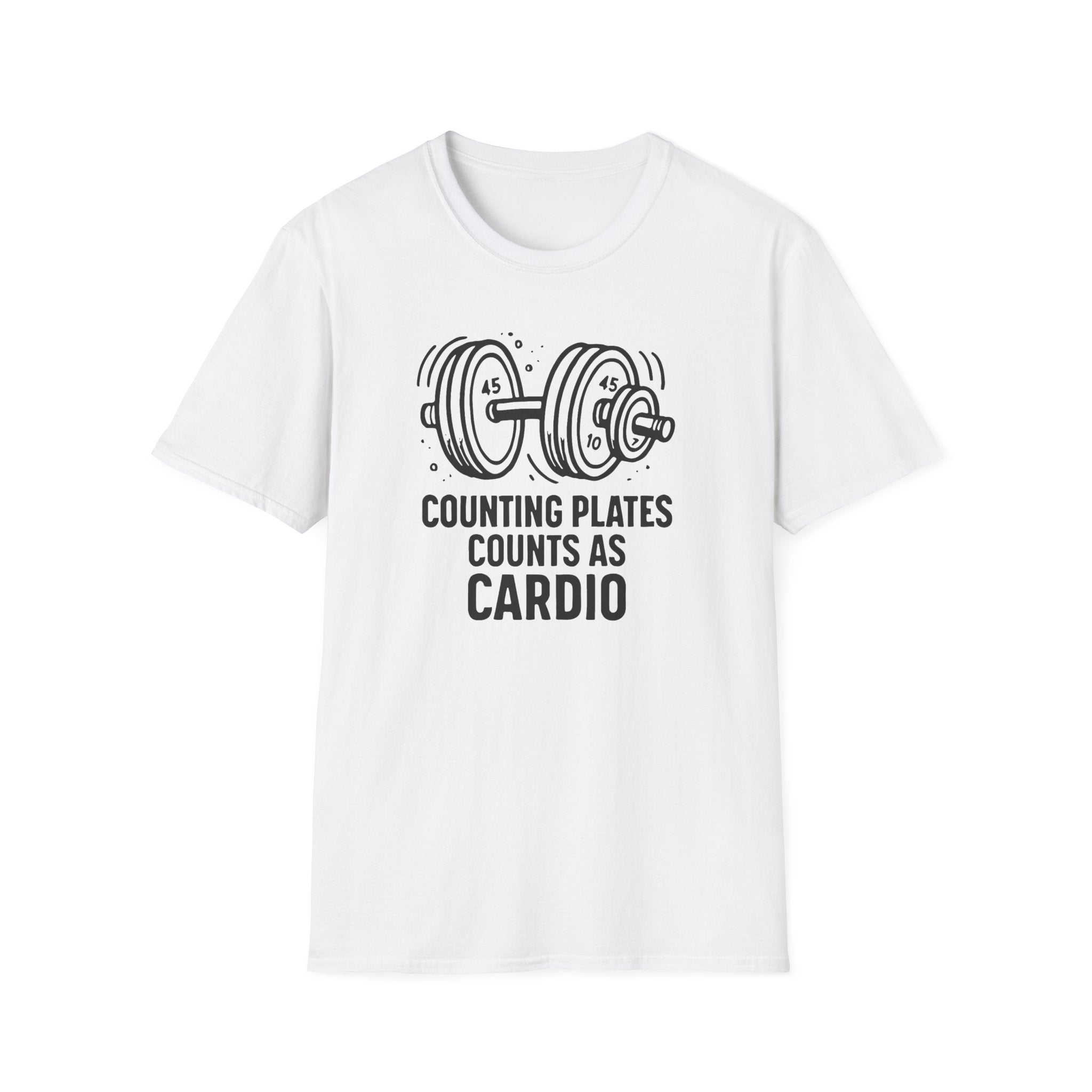 Counting Plates Counts as Cardio – Barbell Humor T-Shirt