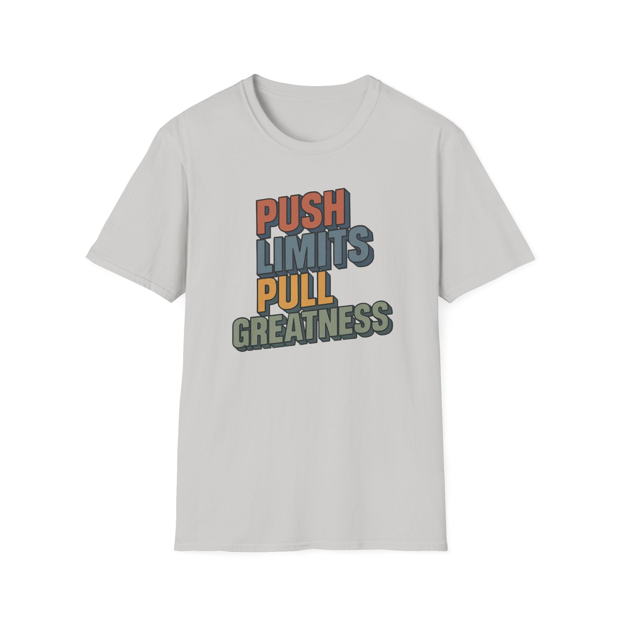 Push Limits. Pull Greatness. — Vertical Retro Stack Edition T-Shirt