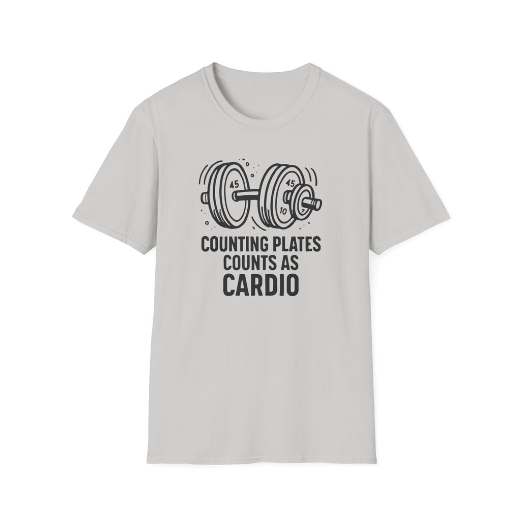 Counting Plates Counts as Cardio – Barbell Humor T-Shirt
