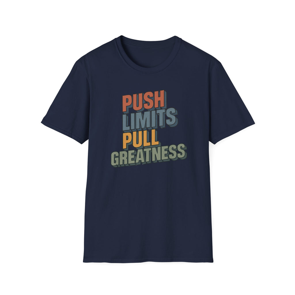 Push Limits. Pull Greatness. — Vertical Retro Stack Edition T-Shirt