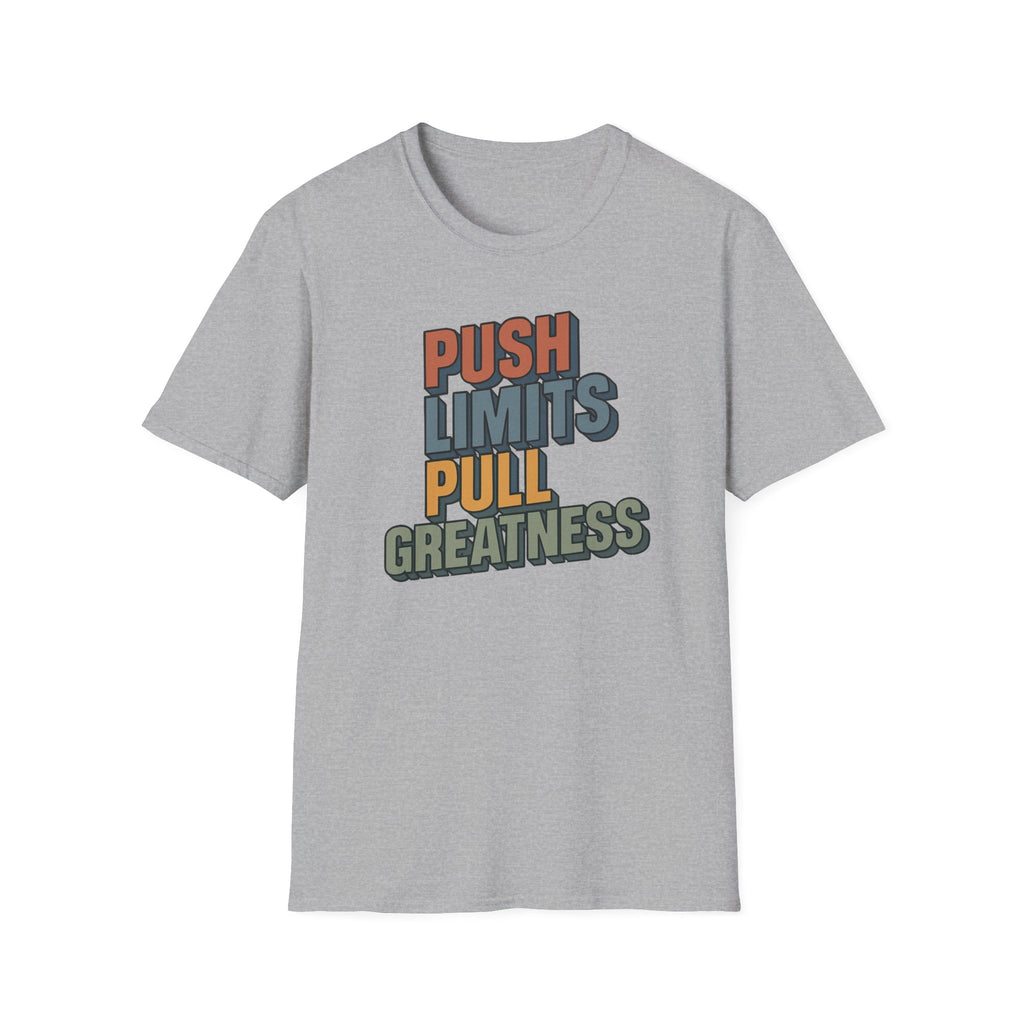 Push Limits. Pull Greatness. — Vertical Retro Stack Edition T-Shirt
