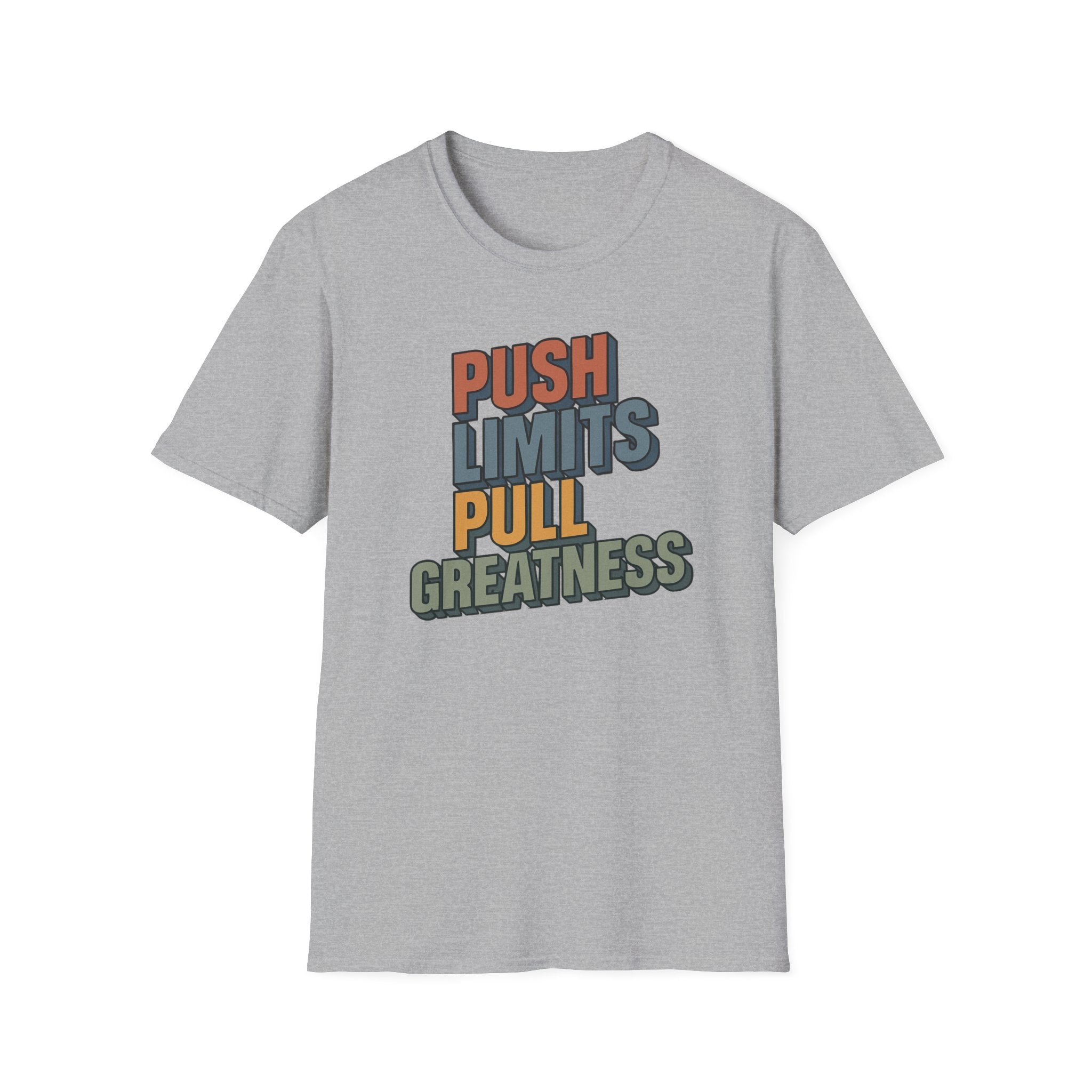 Push Limits. Pull Greatness. — Vertical Retro Stack Edition T-Shirt