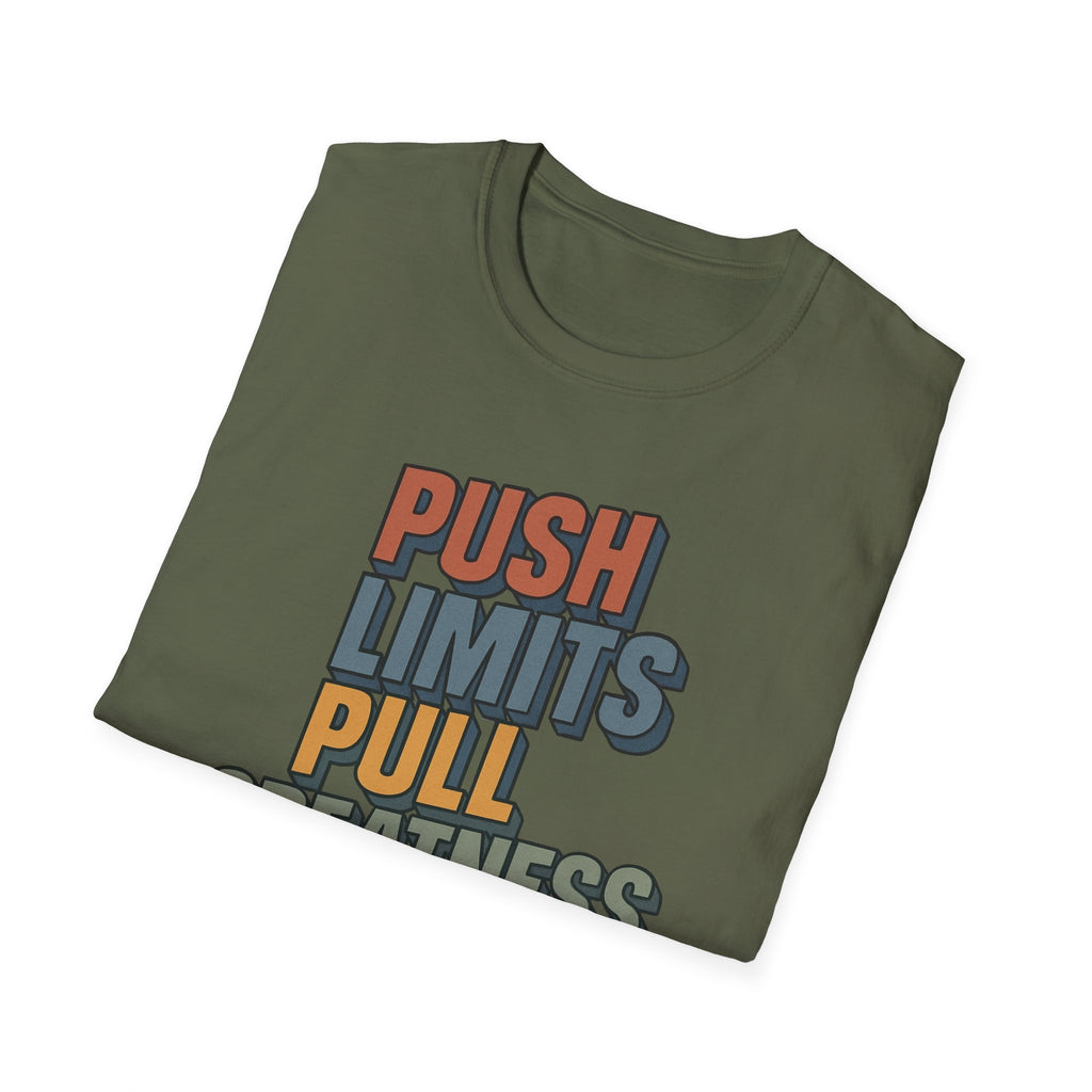 Push Limits. Pull Greatness. — Vertical Retro Stack Edition T-Shirt