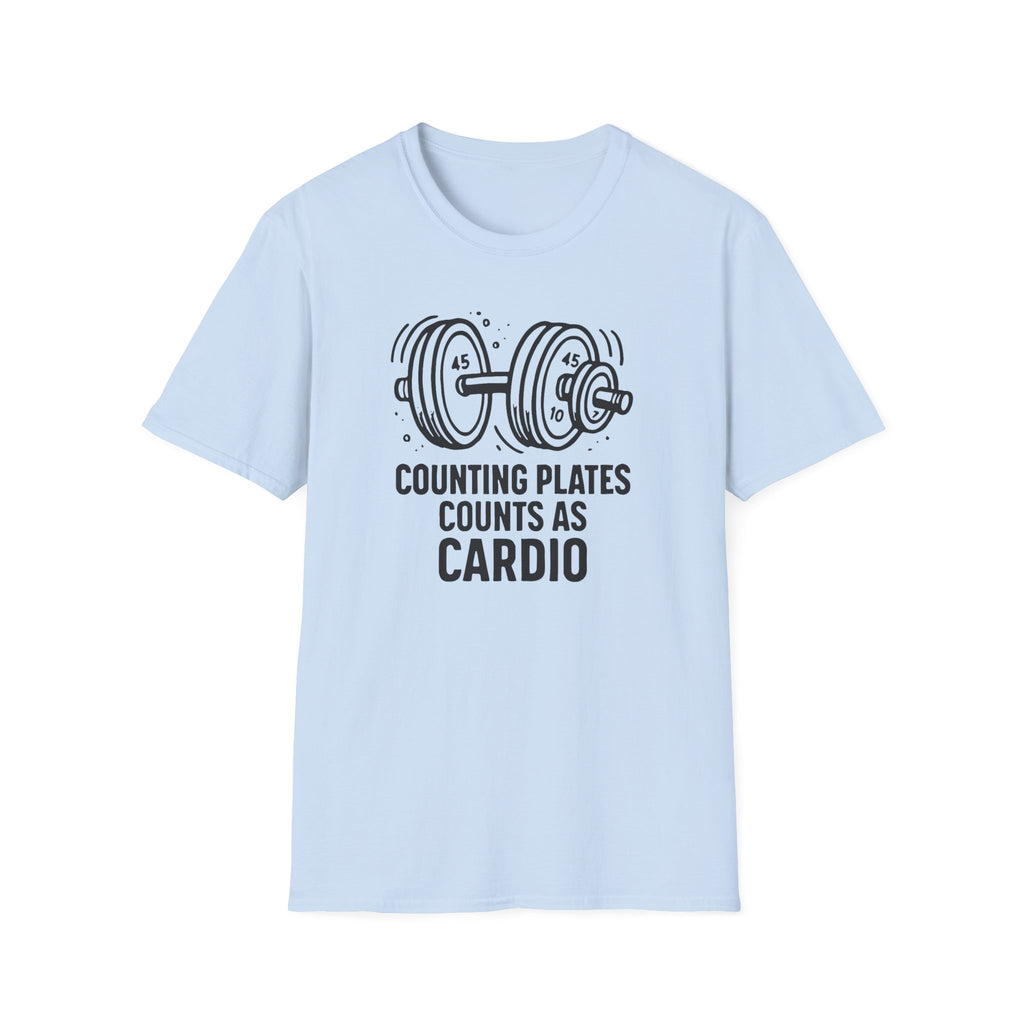 Counting Plates Counts as Cardio – Barbell Humor T-Shirt
