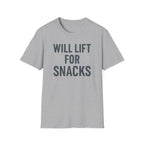 Will Lift for Snacks – Distressed Gym Humor Tshirt