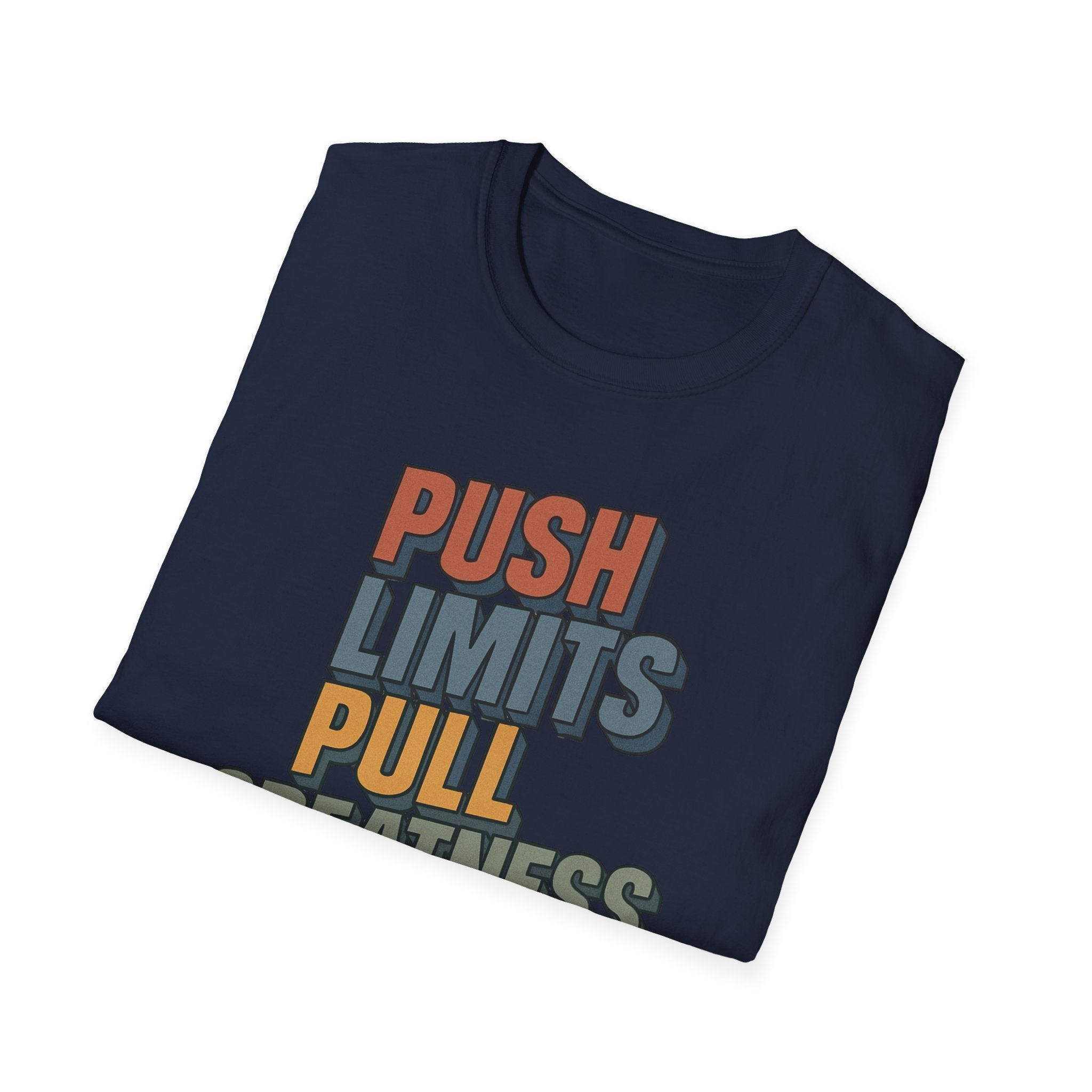 Push Limits. Pull Greatness. — Vertical Retro Stack Edition T-Shirt