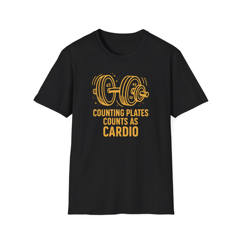 Counting Plates Counts as Cardio – Barbell Humor T-Shirt