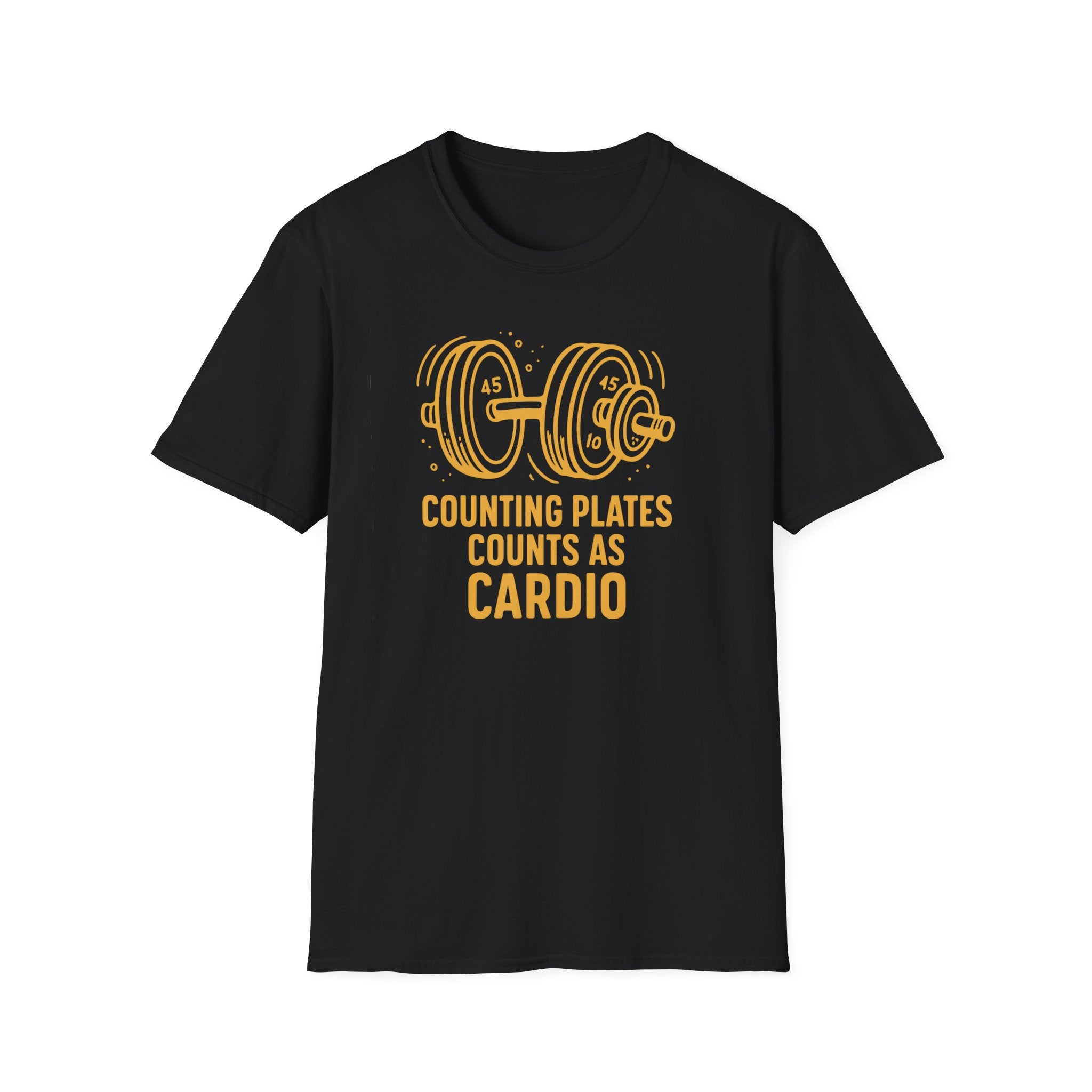 Counting Plates Counts as Cardio – Barbell Humor T-Shirt