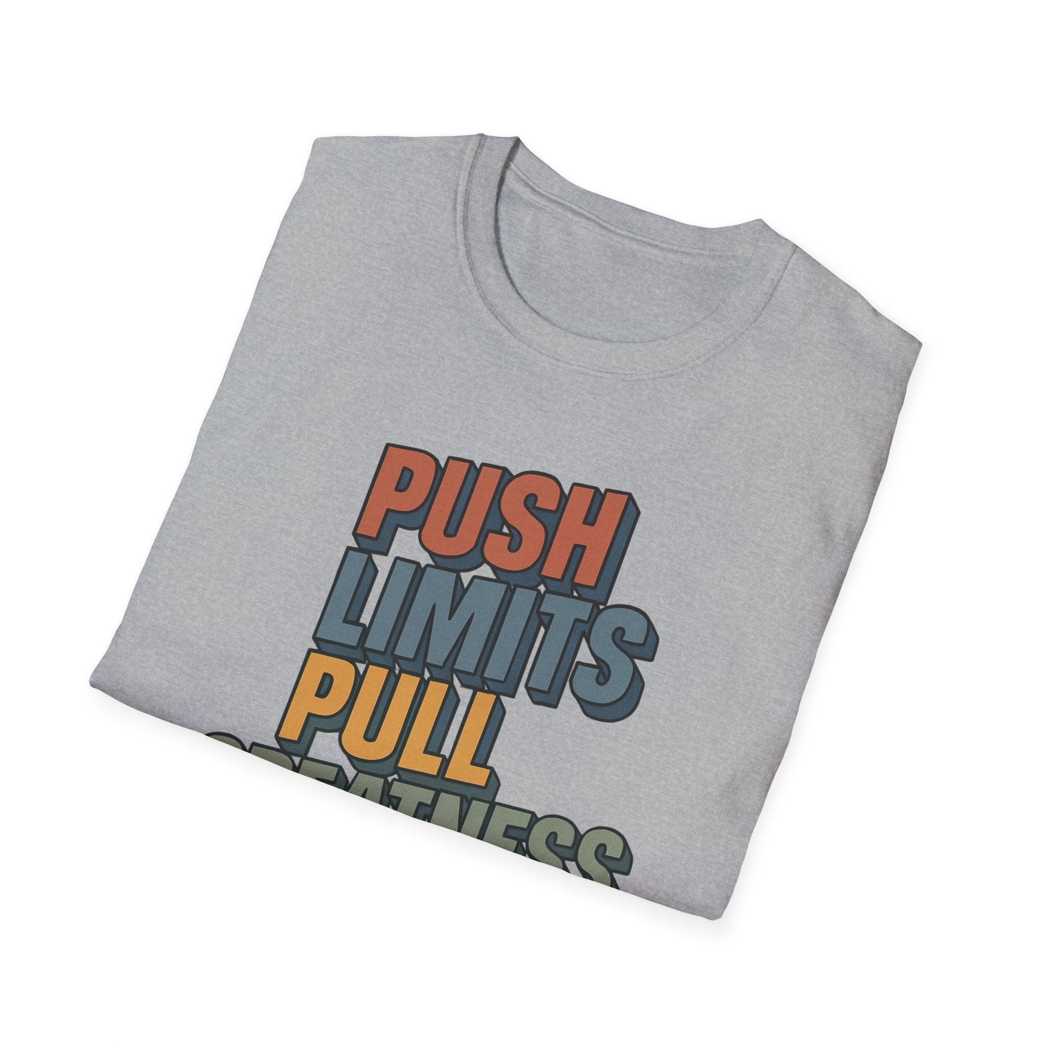 Push Limits. Pull Greatness. — Vertical Retro Stack Edition T-Shirt