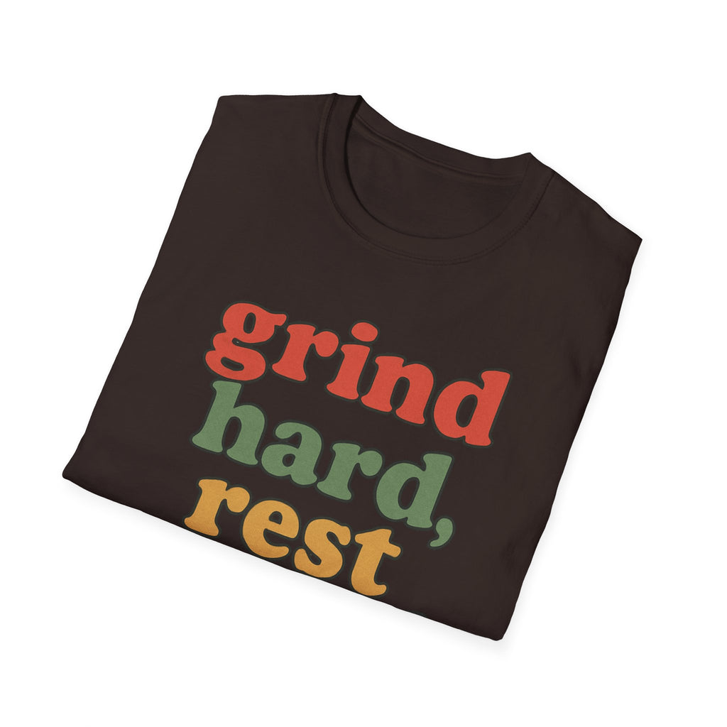 Grind Hard, Rest Proud – Vintage Bubble Quote T-Shirt