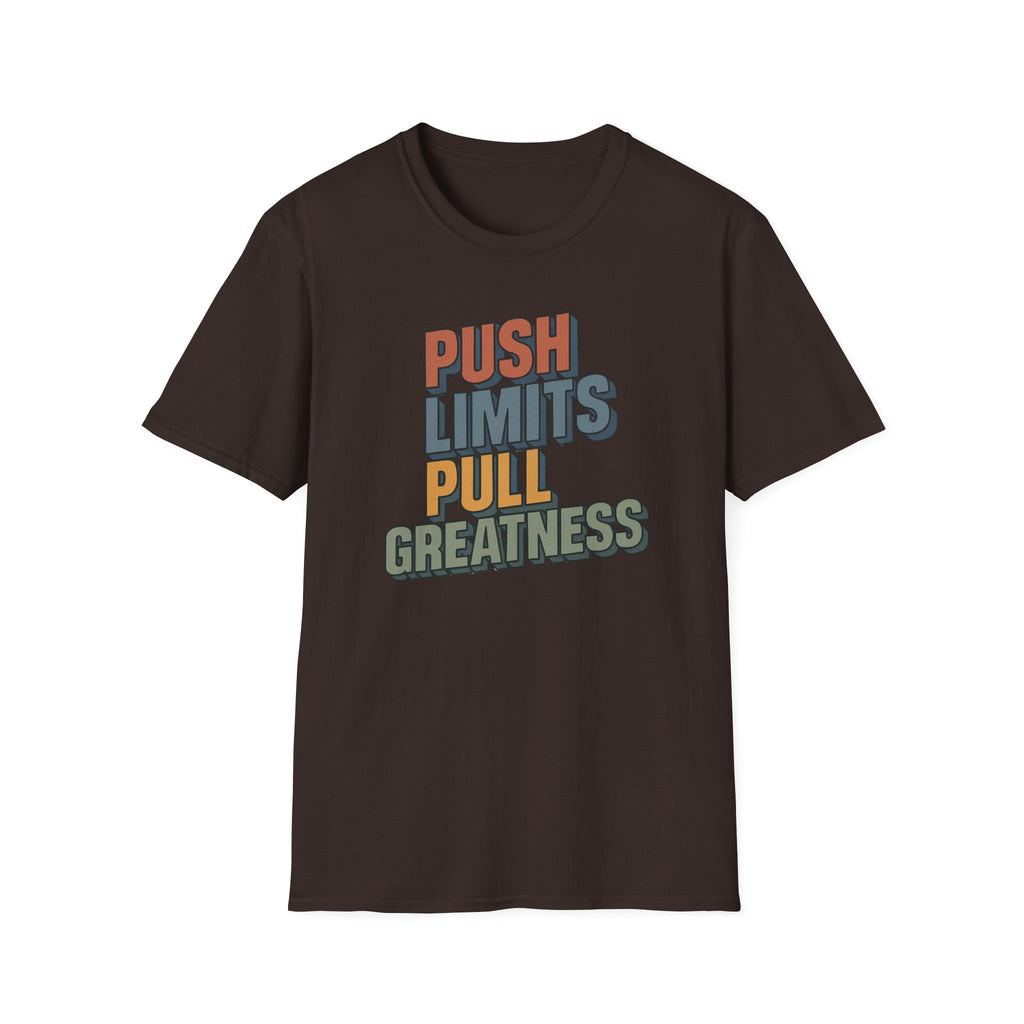 Push Limits. Pull Greatness. — Vertical Retro Stack Edition T-Shirt