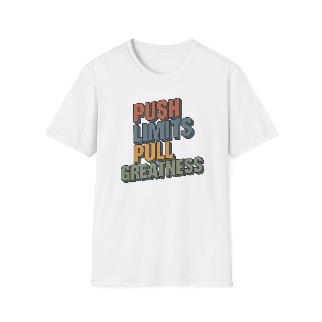 Push Limits. Pull Greatness. — Vertical Retro Stack Edition T-Shirt