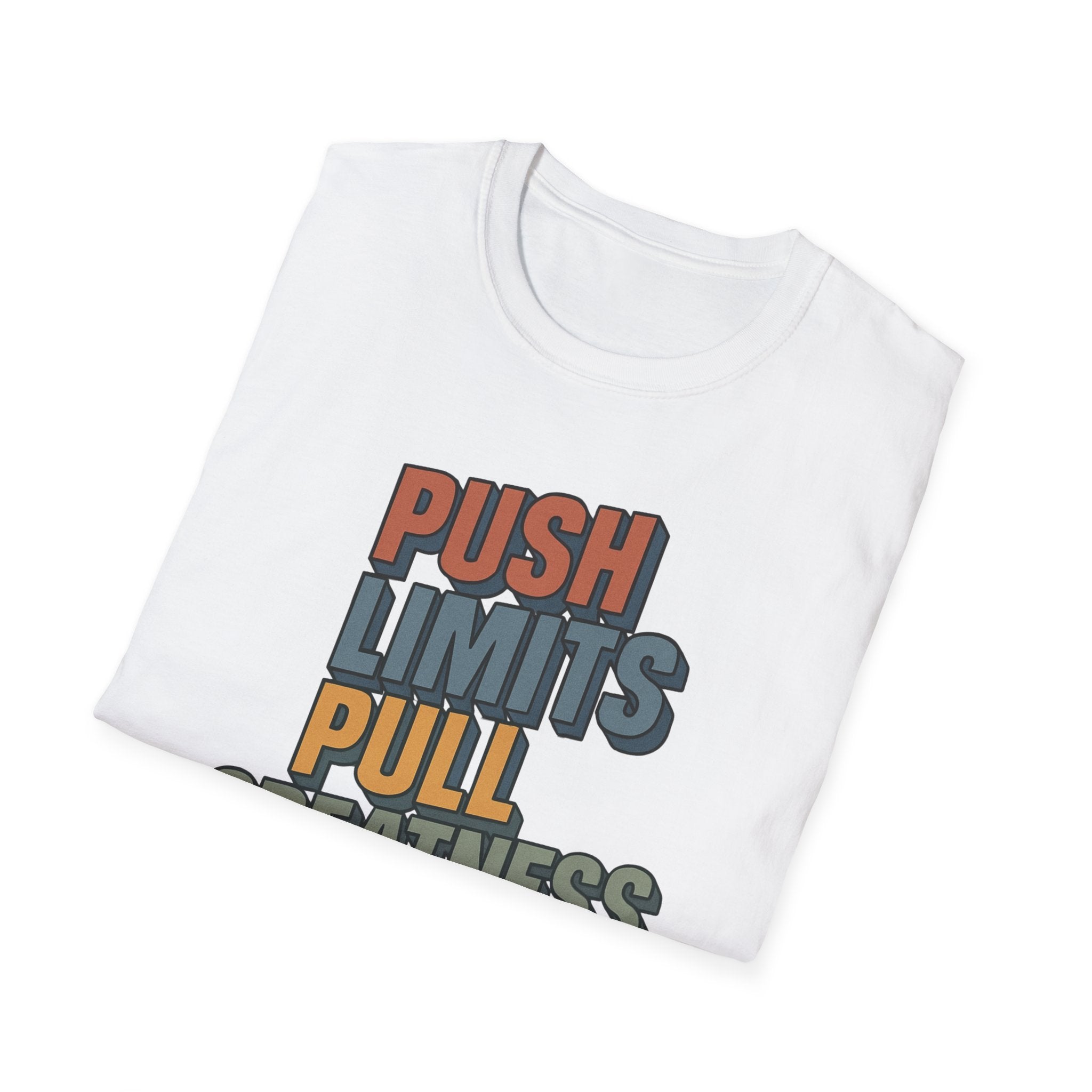 Push Limits. Pull Greatness. — Vertical Retro Stack Edition T-Shirt