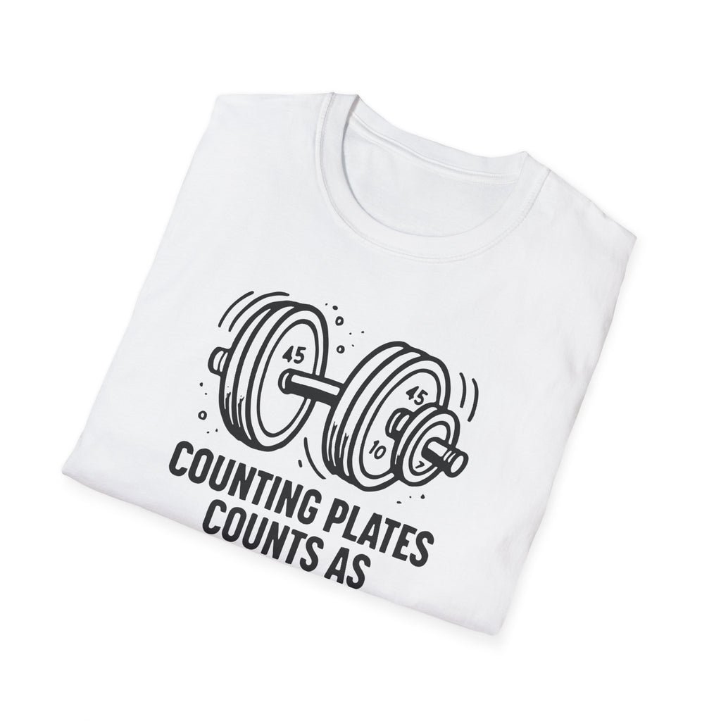 Counting Plates Counts as Cardio – Barbell Humor T-Shirt