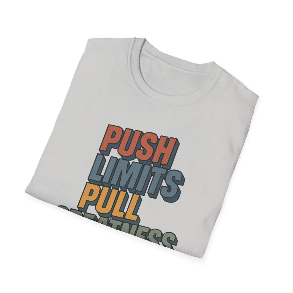 Push Limits. Pull Greatness. — Vertical Retro Stack Edition T-Shirt