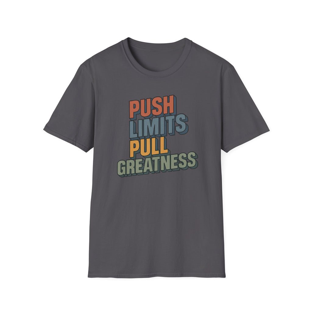 Push Limits. Pull Greatness. — Vertical Retro Stack Edition T-Shirt