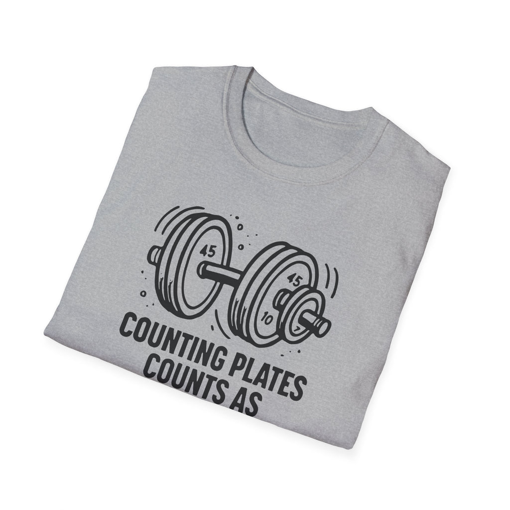Counting Plates Counts as Cardio – Barbell Humor T-Shirt