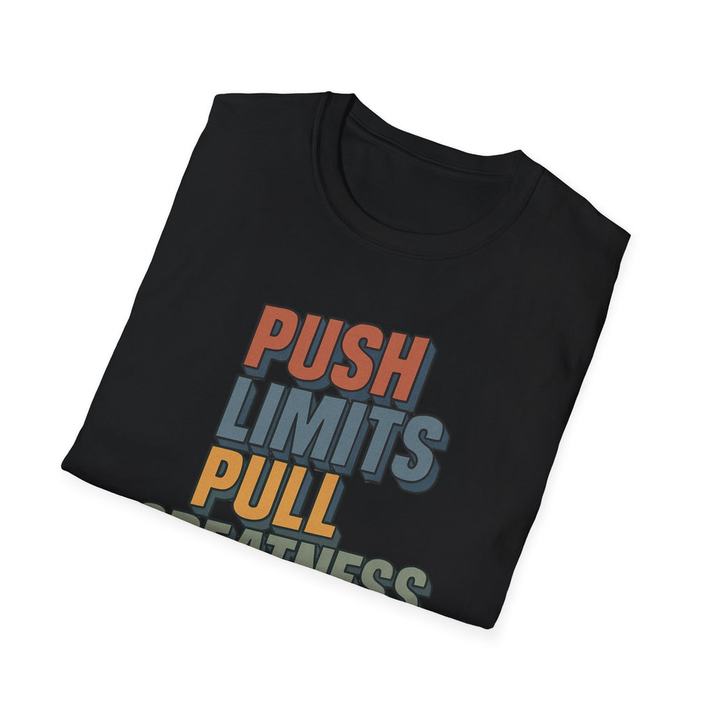 Push Limits. Pull Greatness. — Vertical Retro Stack Edition T-Shirt