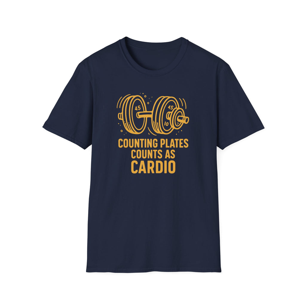 Counting Plates Counts as Cardio – Barbell Humor T-Shirt