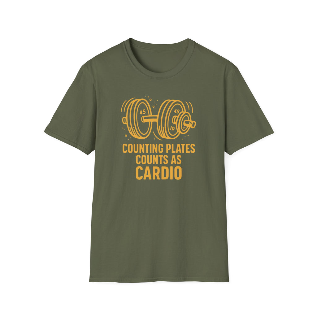 Counting Plates Counts as Cardio – Barbell Humor T-Shirt
