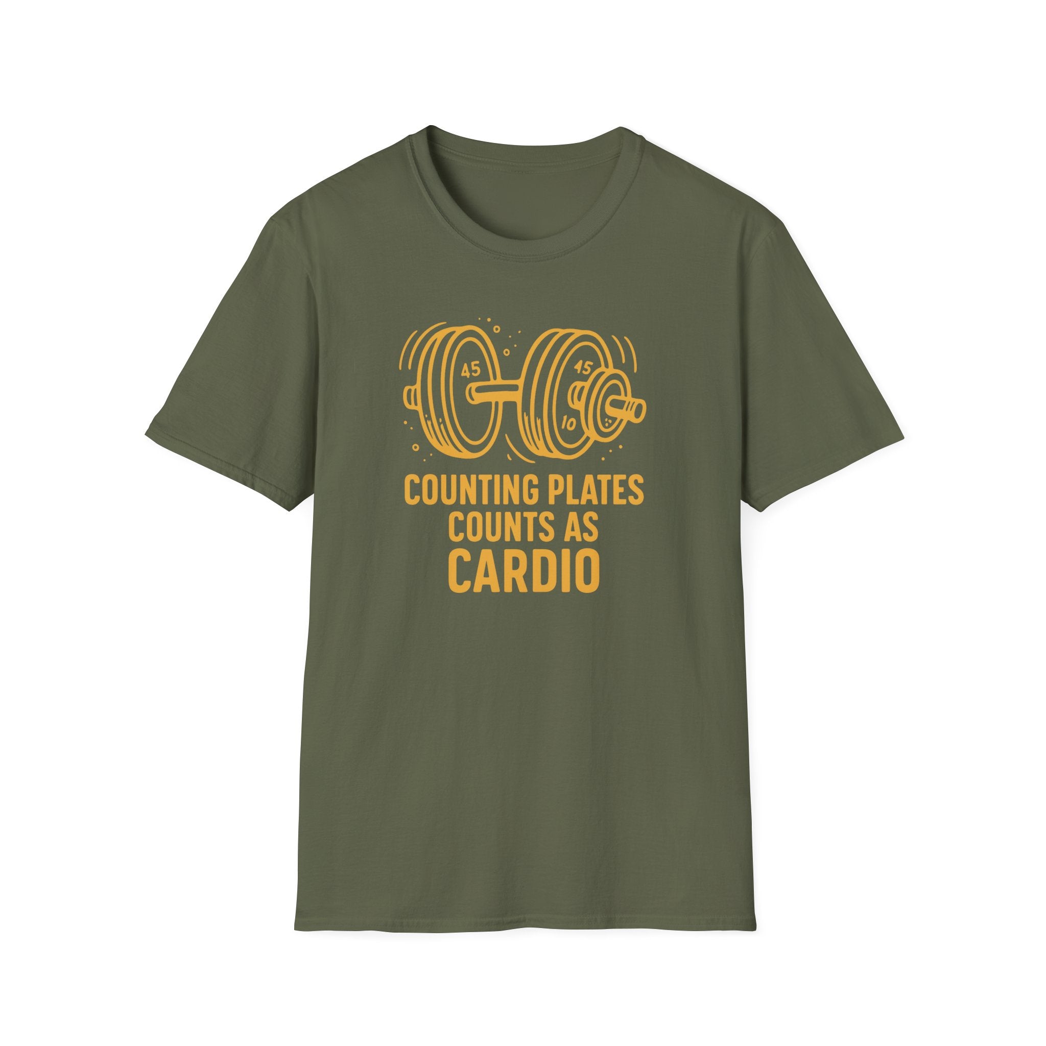 Counting Plates Counts as Cardio – Barbell Humor T-Shirt