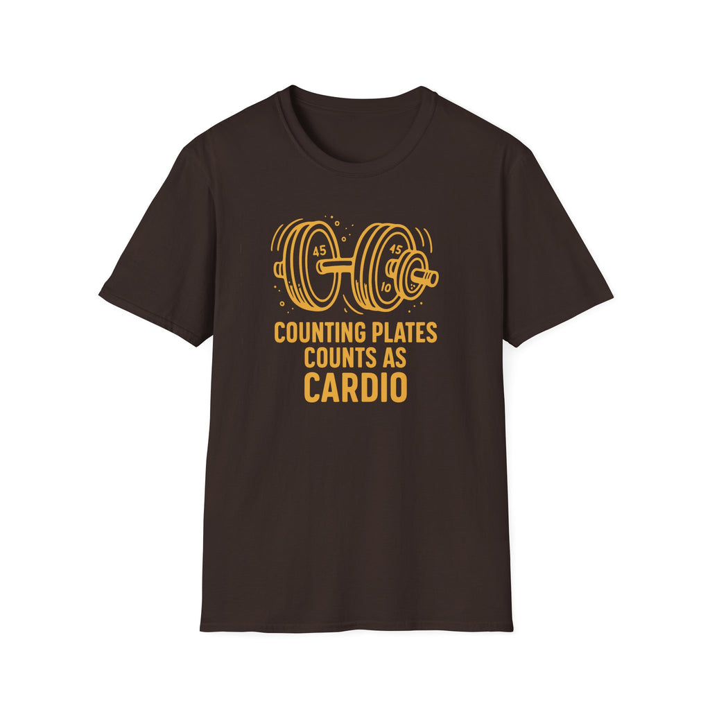 Counting Plates Counts as Cardio – Barbell Humor T-Shirt