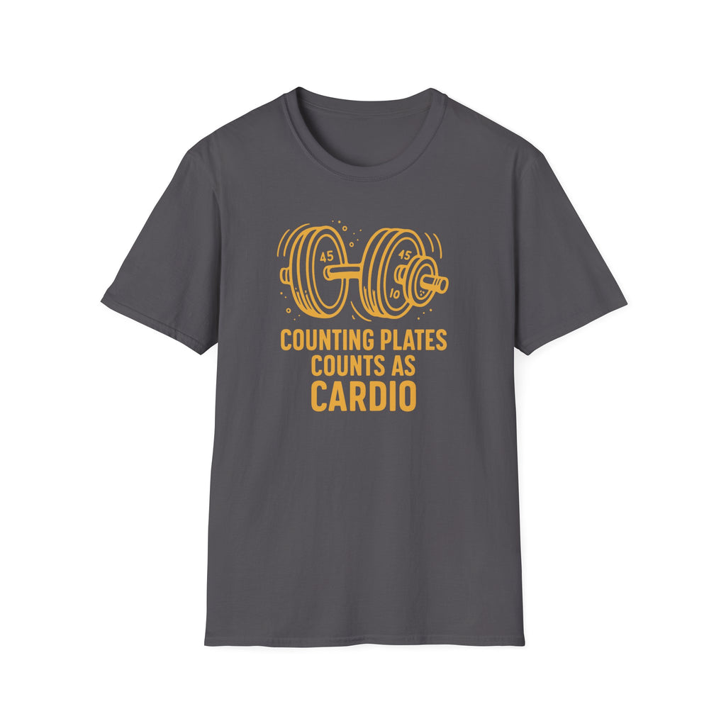 Counting Plates Counts as Cardio – Barbell Humor T-Shirt