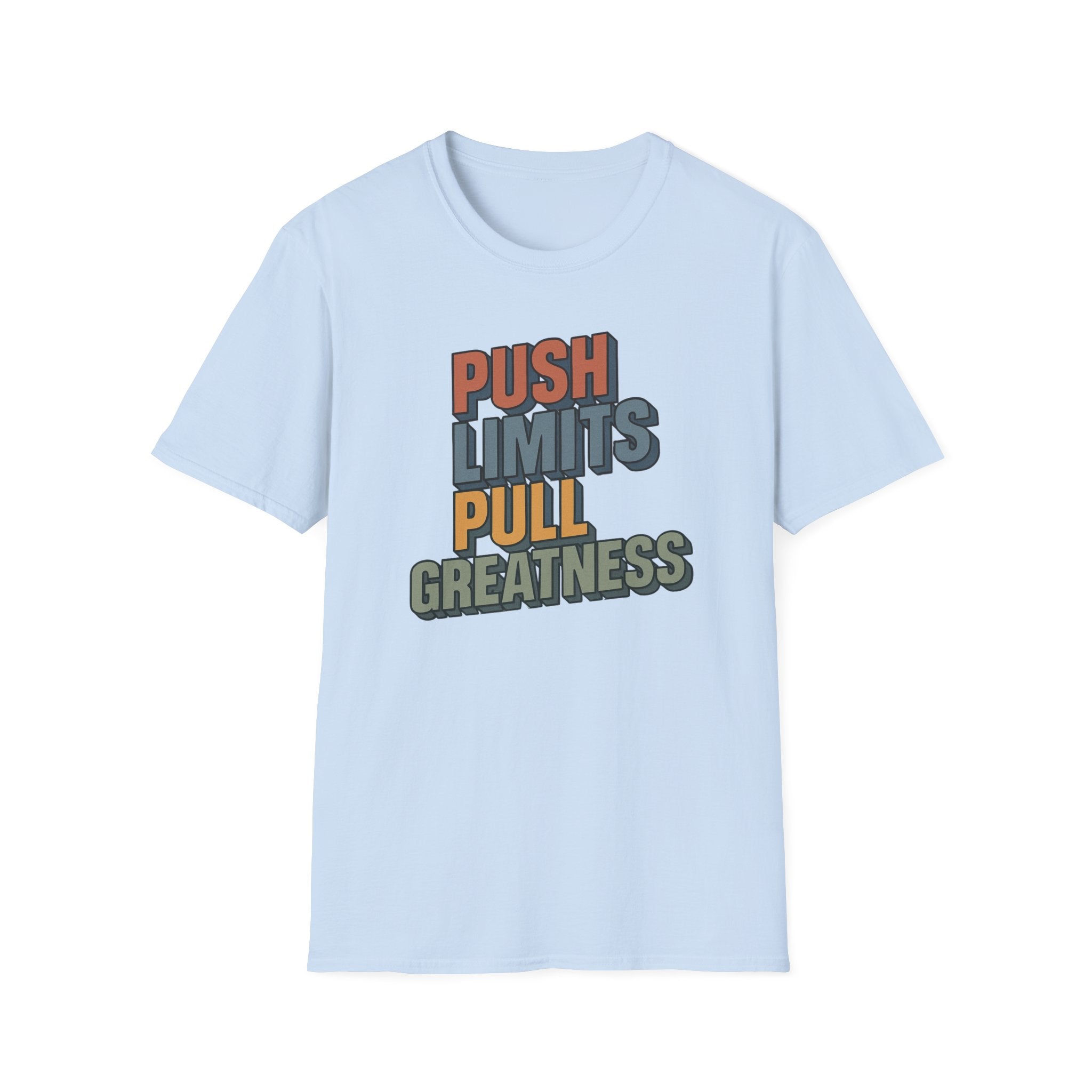Push Limits. Pull Greatness. — Vertical Retro Stack Edition T-Shirt