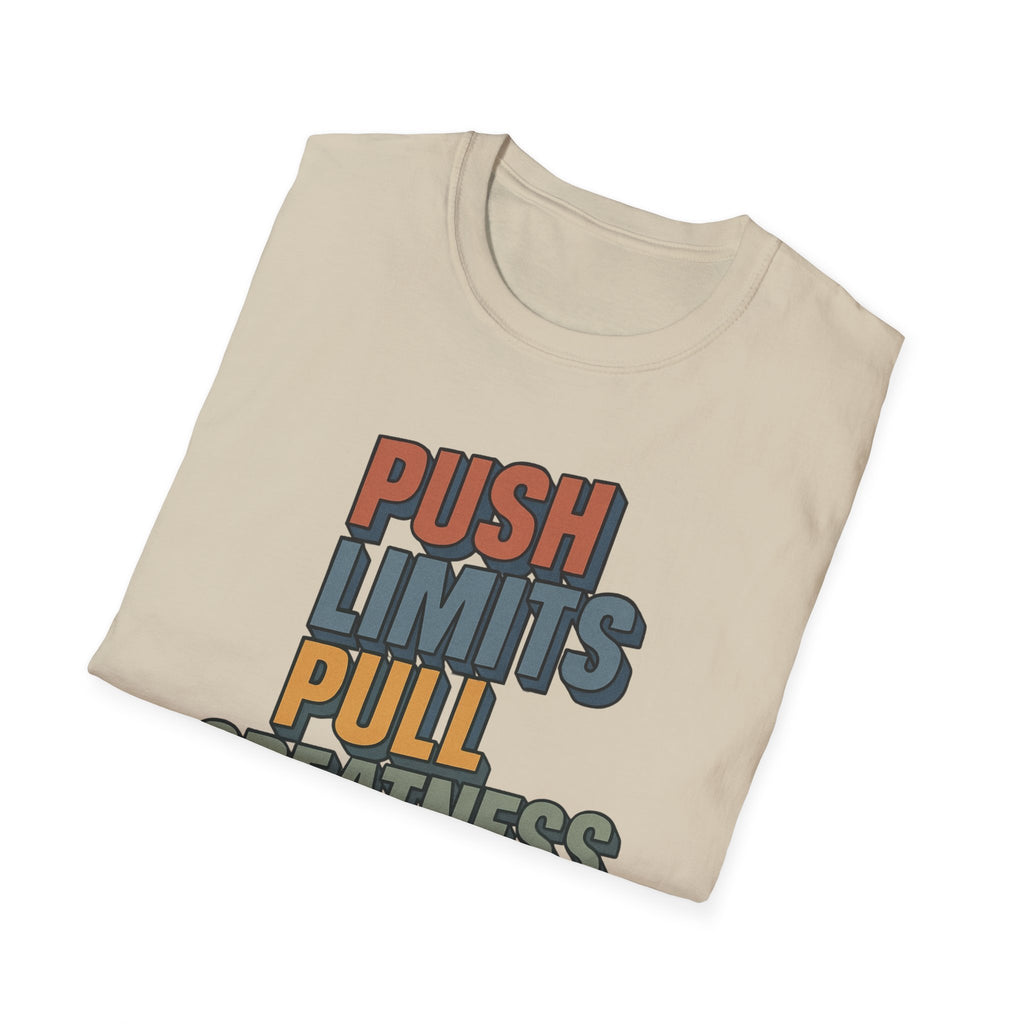 Push Limits. Pull Greatness. — Vertical Retro Stack Edition T-Shirt