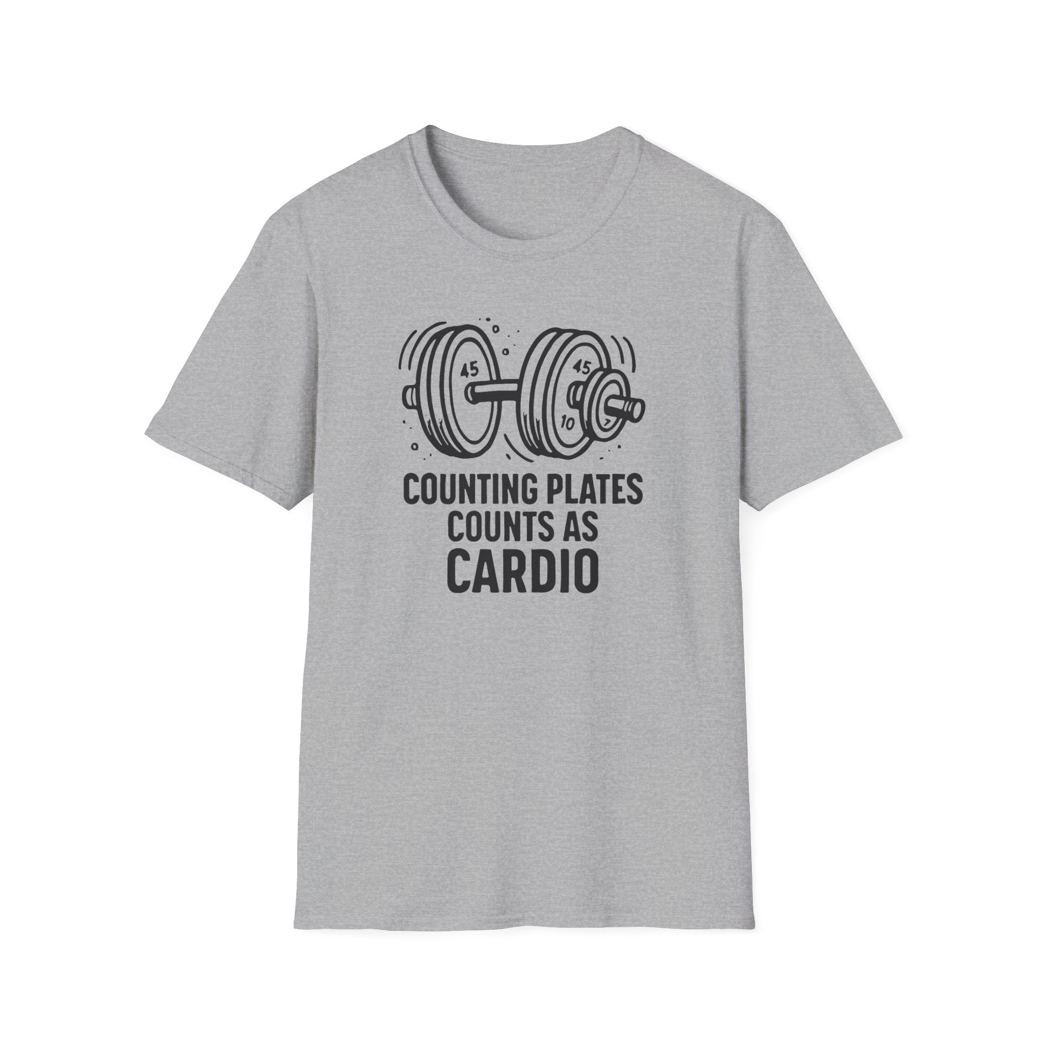 Counting Plates Counts as Cardio – Barbell Humor T-Shirt