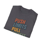 Push Limits. Pull Greatness. — Vertical Retro Stack Edition T-Shirt