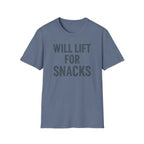 Will Lift for Snacks – Distressed Gym Humor Tshirt