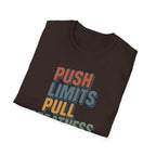 Push Limits. Pull Greatness. — Vertical Retro Stack Edition T-Shirt