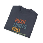Push Limits. Pull Greatness. — Vertical Retro Stack Edition T-Shirt