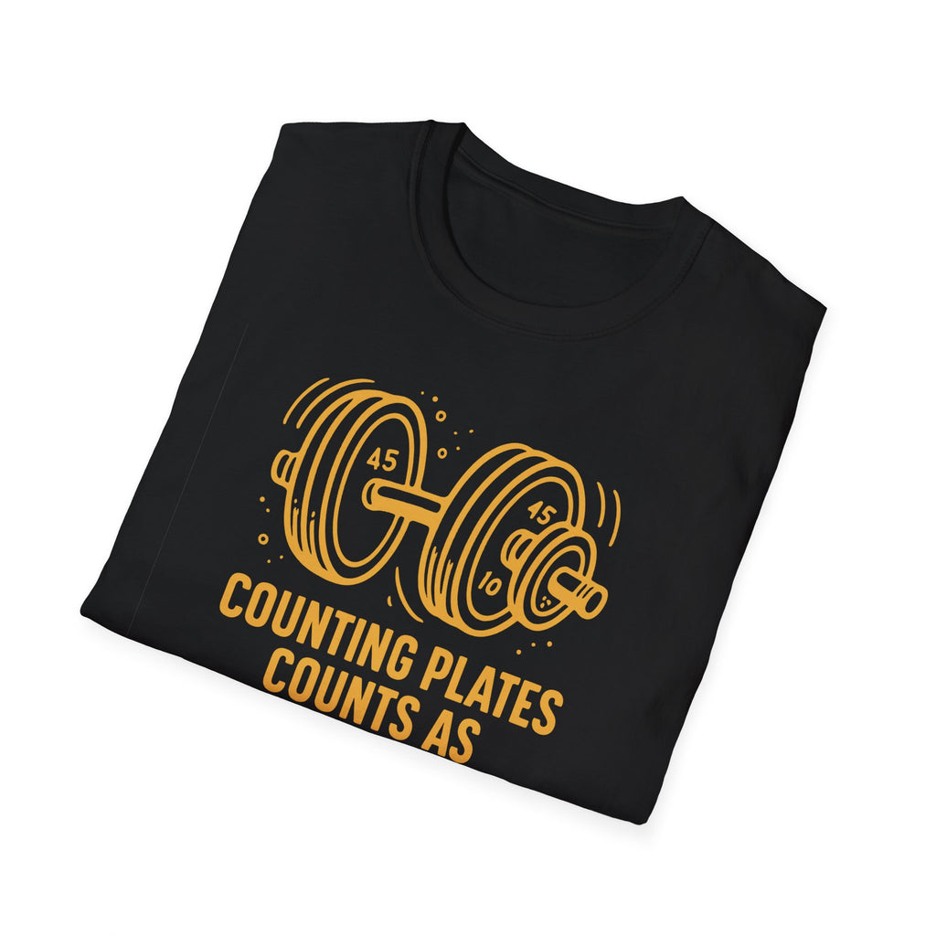 Counting Plates Counts as Cardio – Barbell Humor T-Shirt