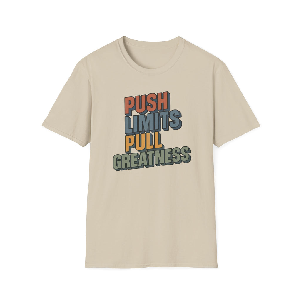 Push Limits. Pull Greatness. — Vertical Retro Stack Edition T-Shirt