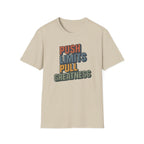 Push Limits. Pull Greatness. — Vertical Retro Stack Edition T-Shirt