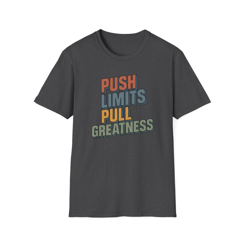 Push Limits. Pull Greatness. — Vertical Retro Stack Edition T-Shirt