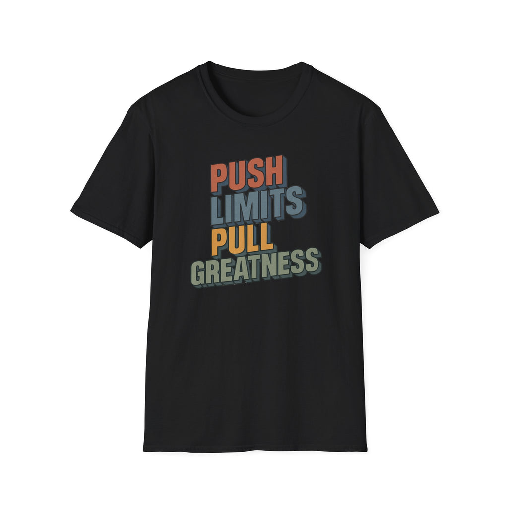 Push Limits. Pull Greatness. — Vertical Retro Stack Edition T-Shirt