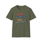 Push Limits. Pull Greatness. — Vertical Retro Stack Edition T-Shirt