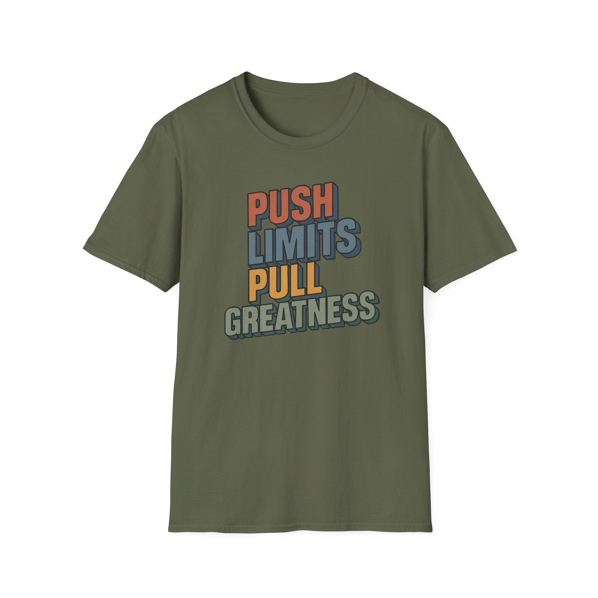 Push Limits. Pull Greatness. — Vertical Retro Stack Edition T-Shirt