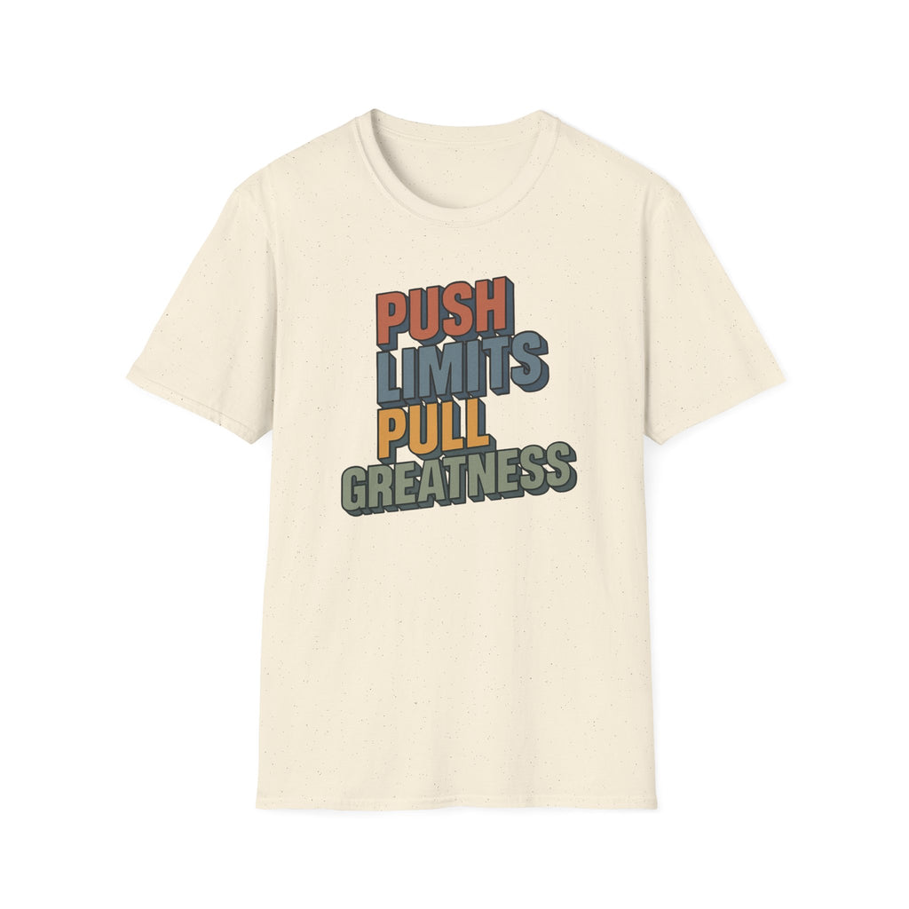 Push Limits. Pull Greatness. — Vertical Retro Stack Edition T-Shirt