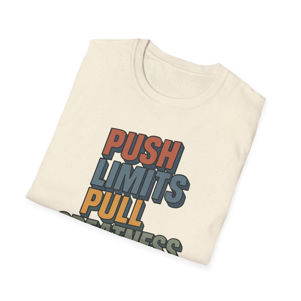 Push Limits. Pull Greatness. — Vertical Retro Stack Edition T-Shirt