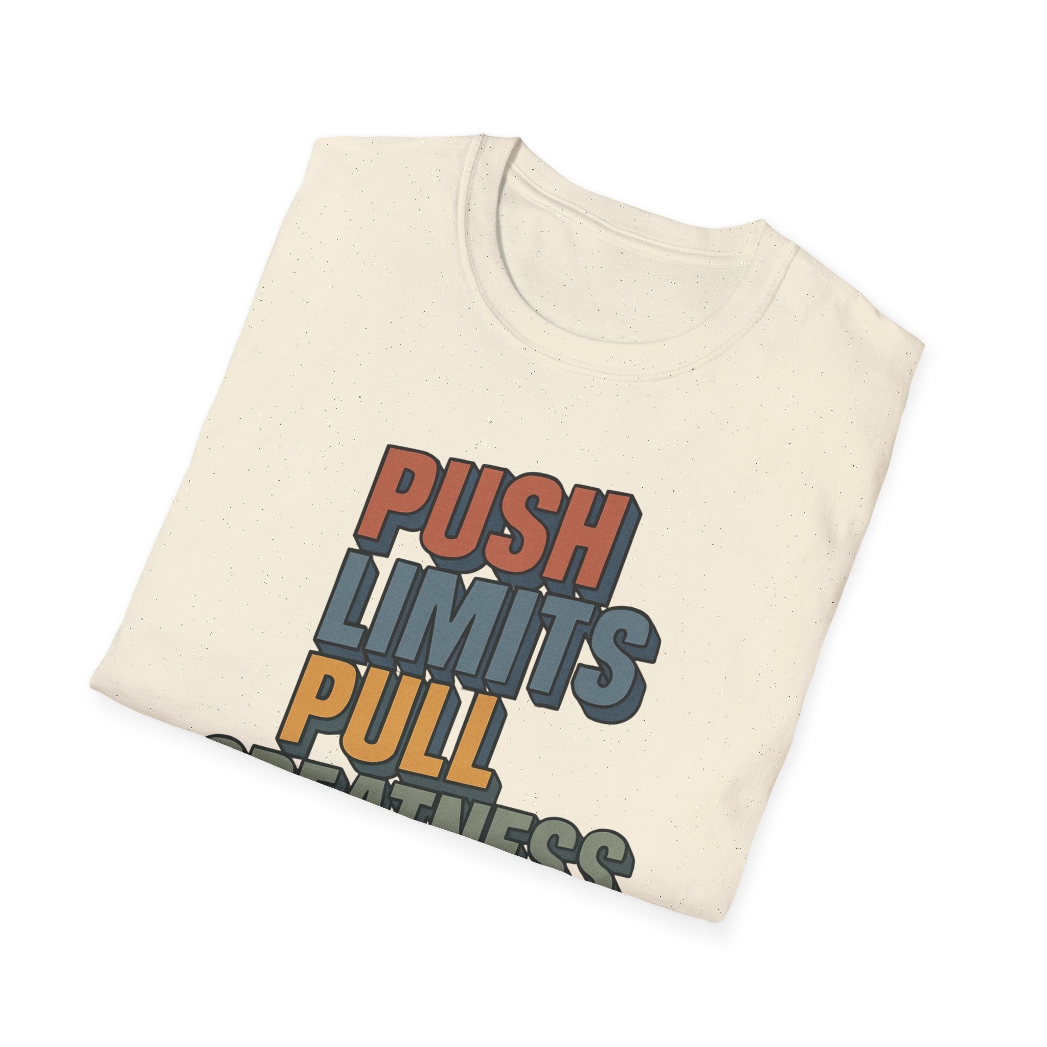 Push Limits. Pull Greatness. — Vertical Retro Stack Edition T-Shirt