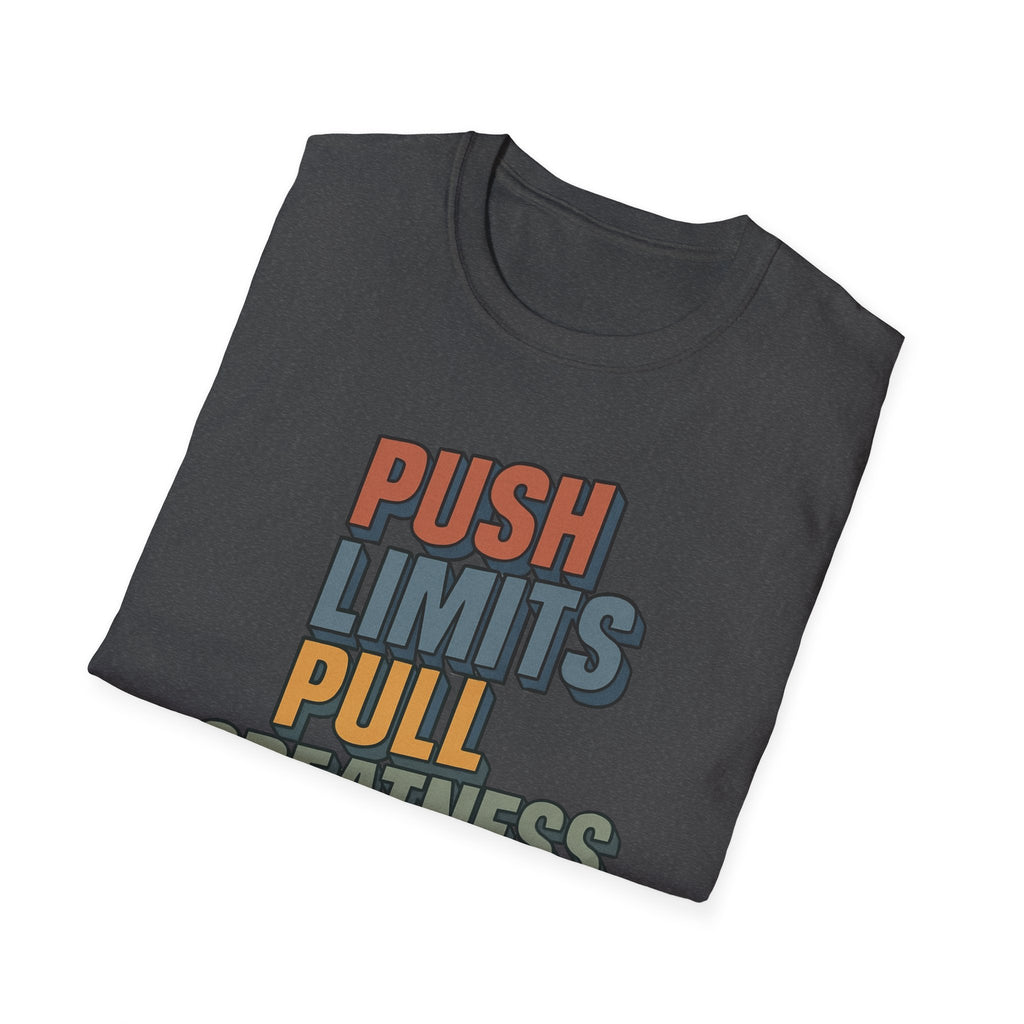 Push Limits. Pull Greatness. — Vertical Retro Stack Edition T-Shirt