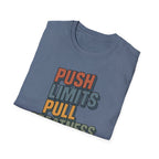 Push Limits. Pull Greatness. — Vertical Retro Stack Edition T-Shirt